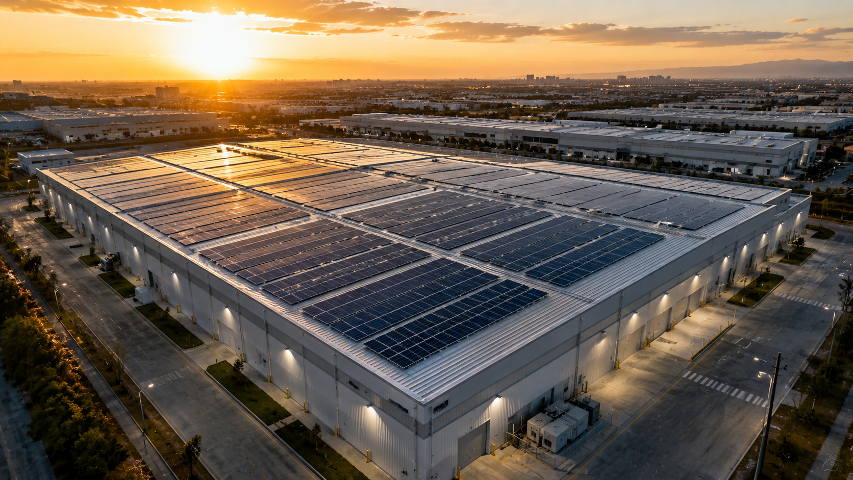 Vista aérea de un centro de almacenamiento con paneles solares en el techo, al atardecer, en un ambiente industrial y urbano.