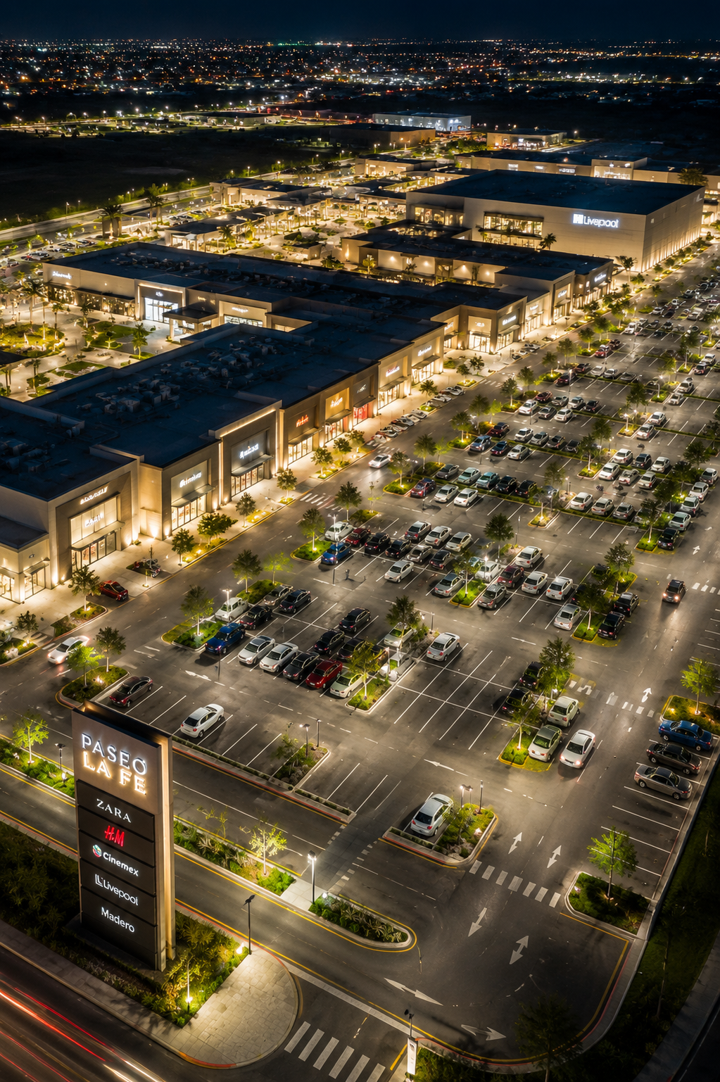 Vista aérea de un centro comercial iluminado por la noche, con estacionamiento lleno de autos y un cartel que muestra tiendas como Zara, H&M, Cinemex y Liverpool.