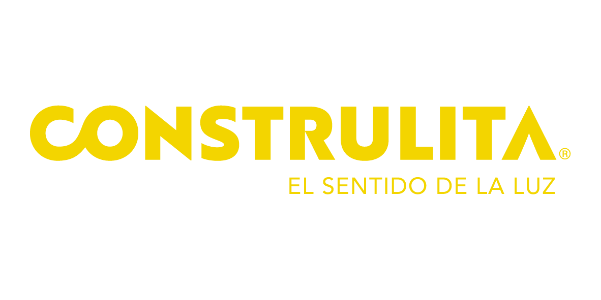 Logotipo de la marca Construlita en letras amarillas con fondo negro y el lema 'El sentido de la luz' en letras más pequeñas debajo.