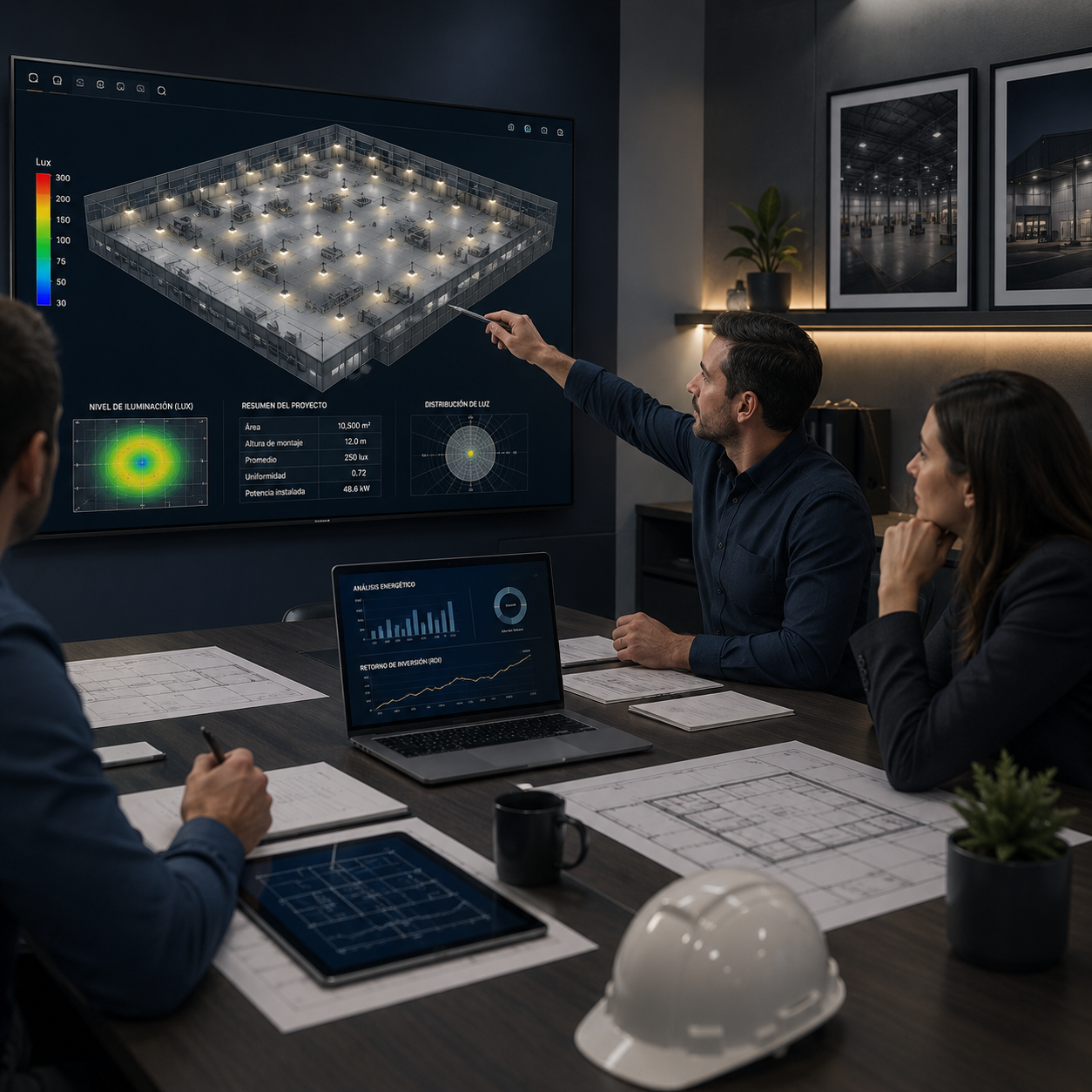Reunión en una oficina moderna con personas discutiendo un proyecto de diseño de iluminación en una pantalla grande que muestra un modelo 3D y datos técnicos. En la mesa hay planos, una laptop, una tablet y un casco de seguridad.