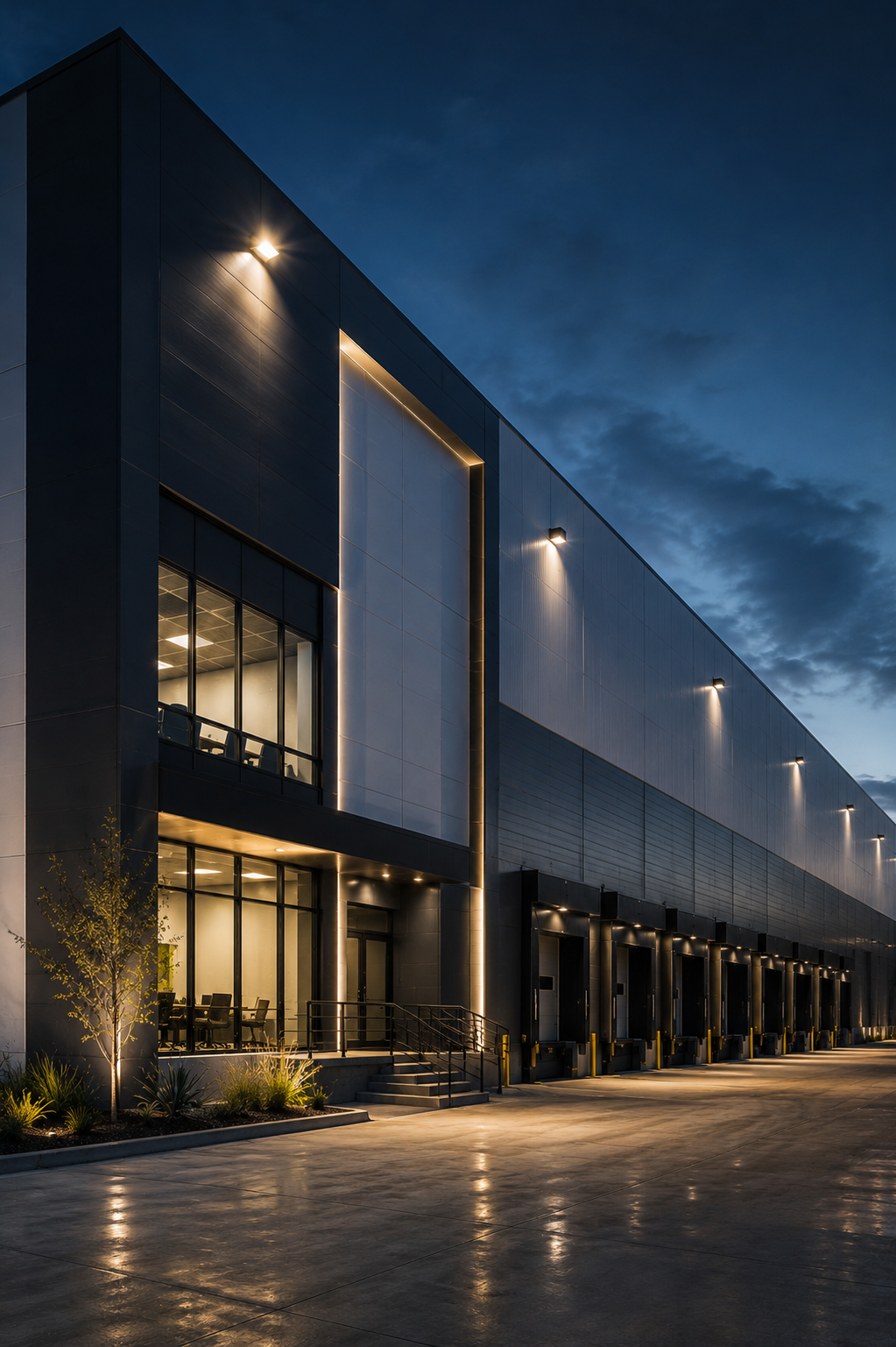 Edificio moderno de varias plantas, con fachada de metal y cristales, iluminado por luces en la noche, en un ambiente industrial.