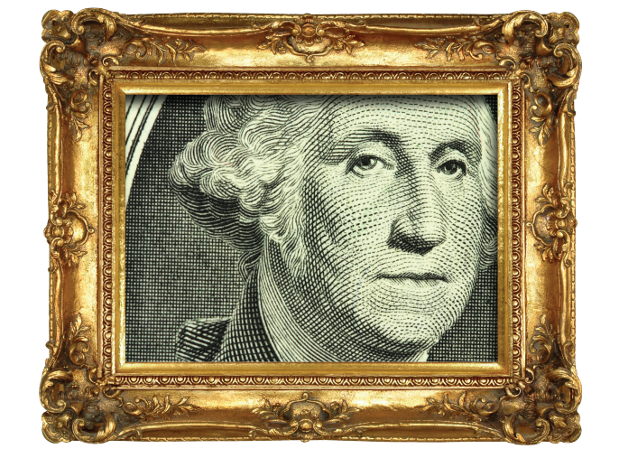 Portrait of George Washington in a decorative gold frame.