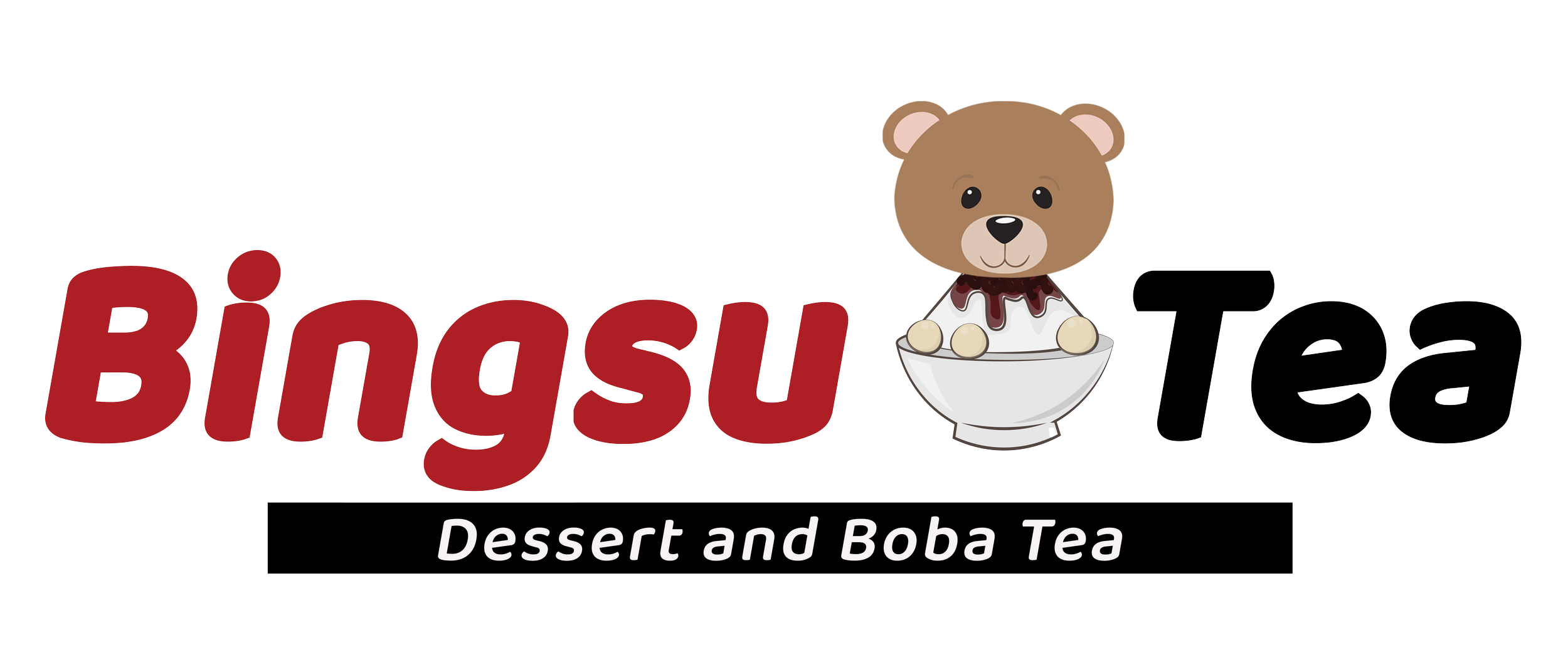 Logo for BingSu Tea featuring a cartoon bear in a bowl of dessert with the text 'BingSu Tea' and the tagline 'Dessert and Boba Tea'.