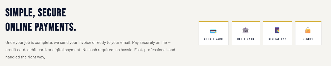 Text and icons for secure online payments, including credit card, debit card, digital pay, and secure options.