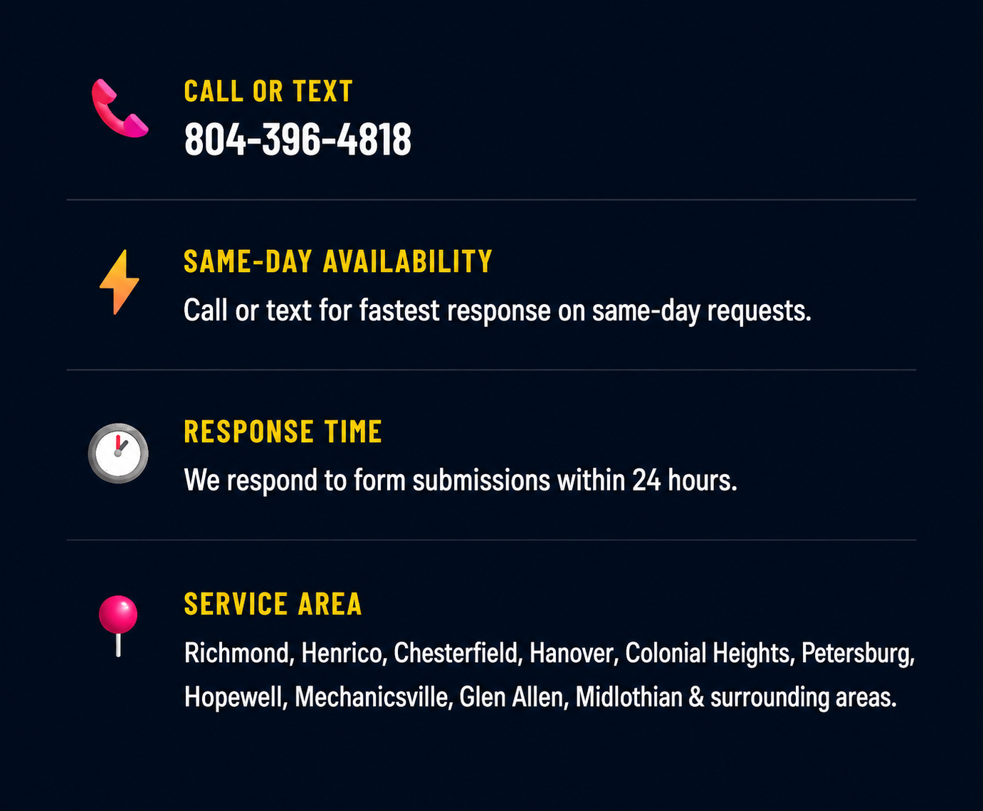 Information about contacting a service, including a phone number, same-day availability, response time, and service area details.