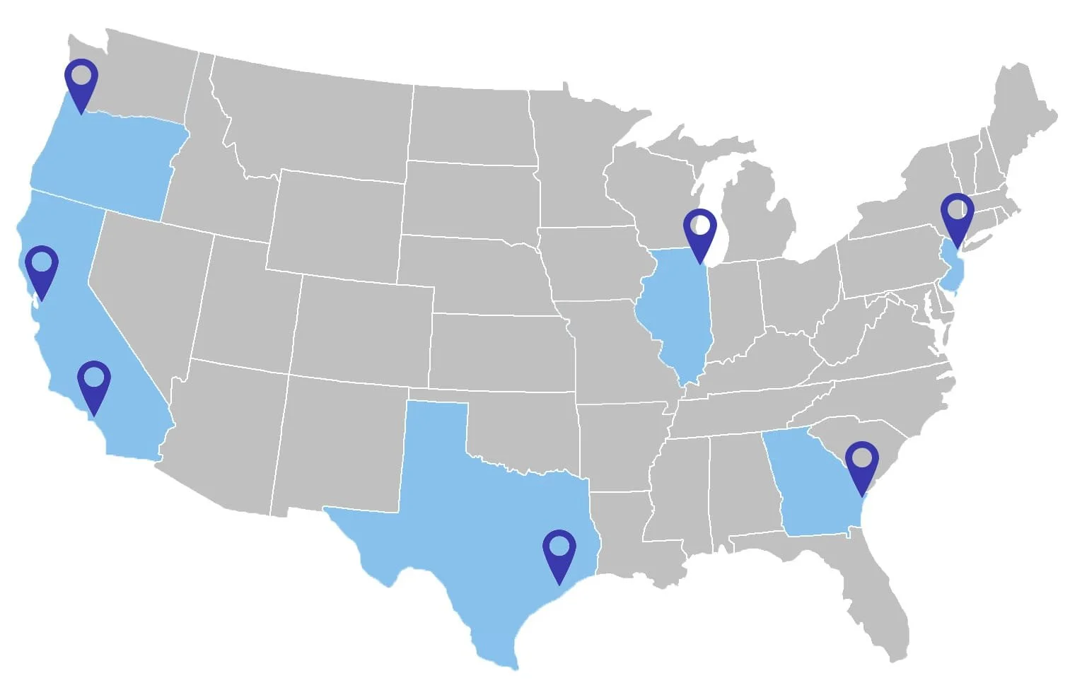 Map of our warehousing locations in California, Illinois, Texas, New York, New Jersey, and Oregon.