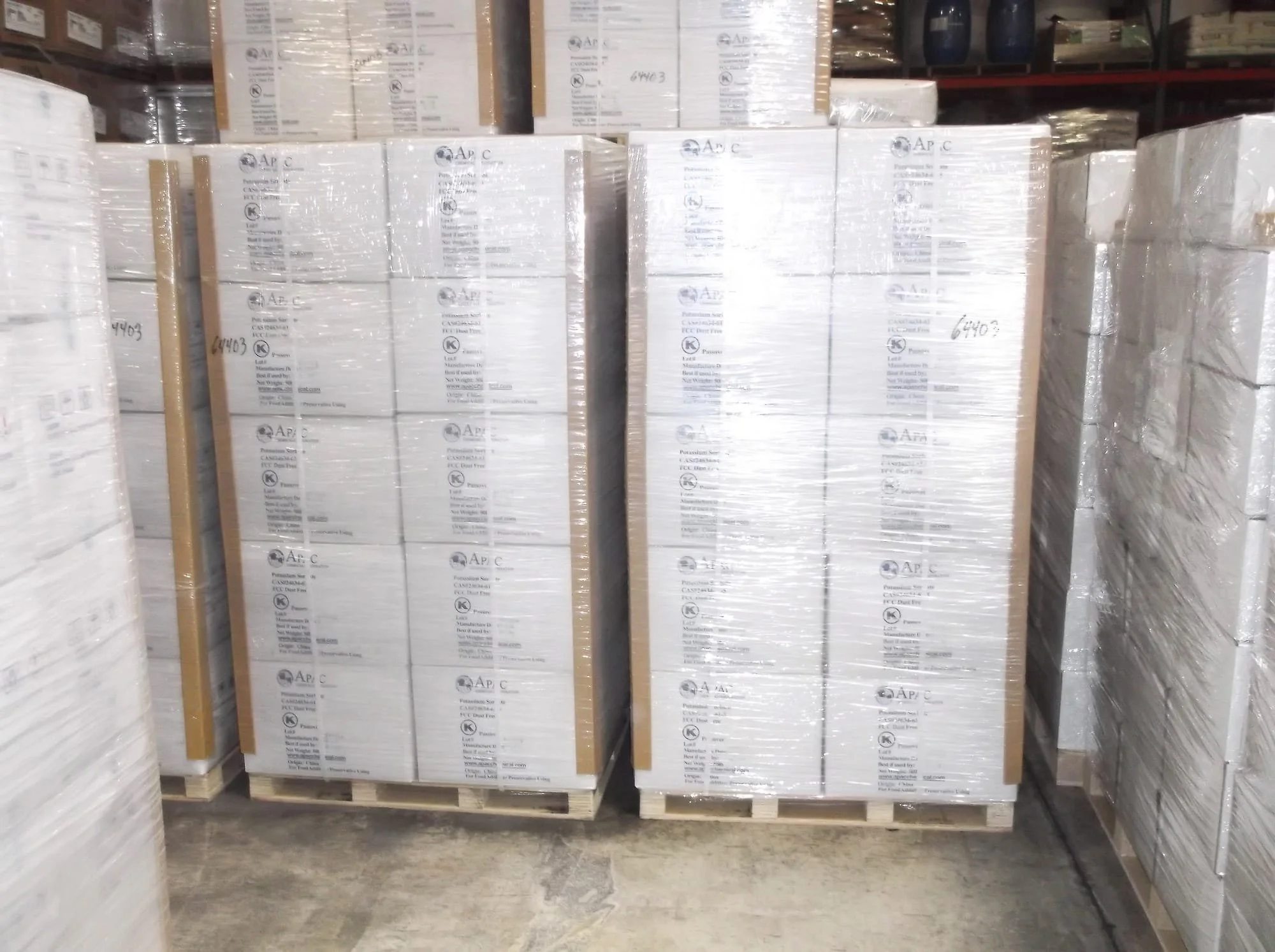 Large pallets of Apac branded products stored in our warehouse