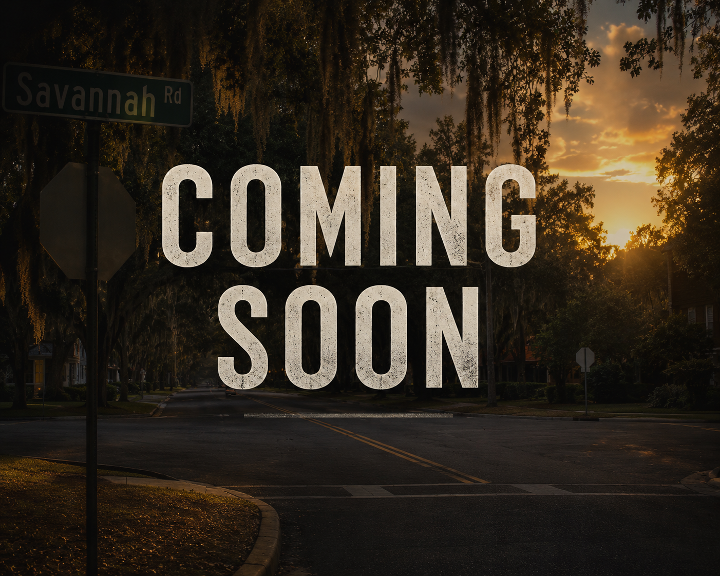 Street scene at sunset with a sign that says "Coming Soon" overlayed on the image.