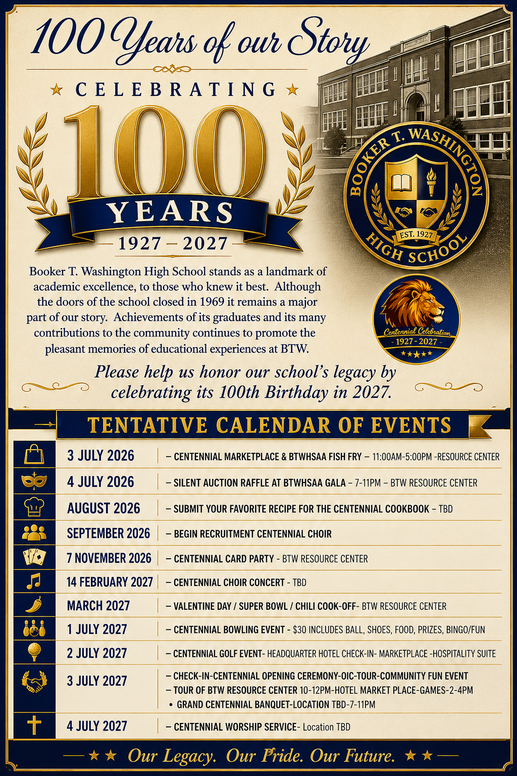Poster celebrating 100 years of Booker T. Washington High School from 1927 to 2027, with the school building, the school crest, and a lion mascot, and listing upcoming events and activities.