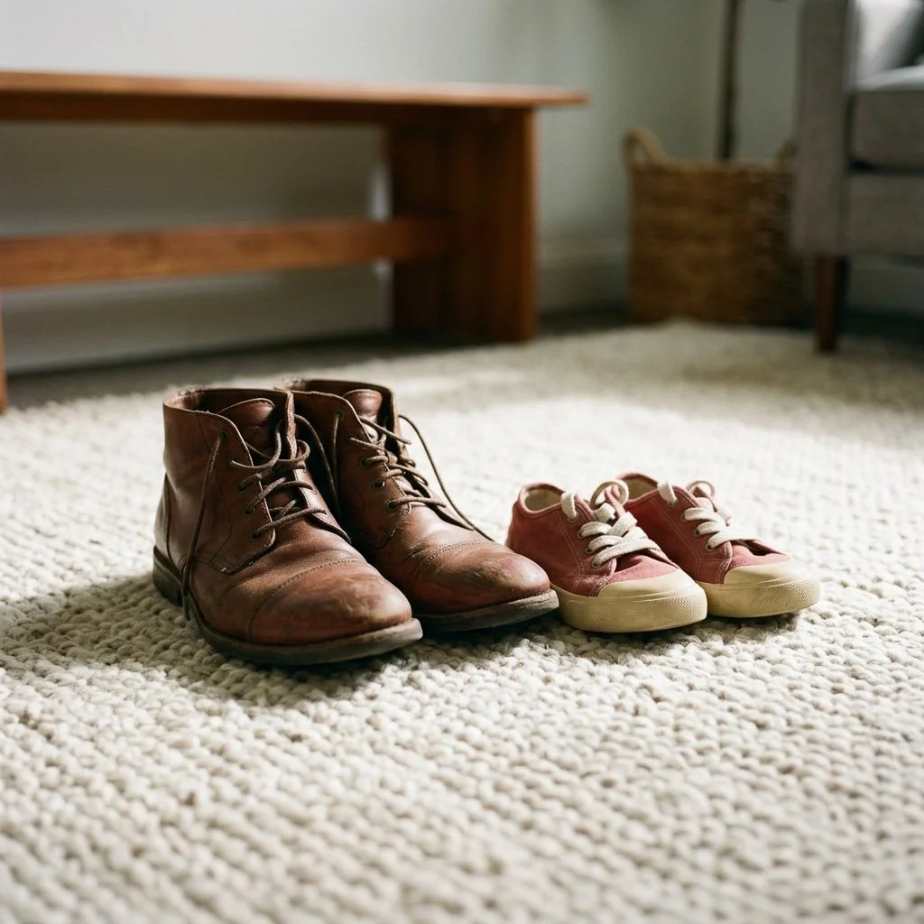 Pair of brown leather ankle boots and red canvas sneakers with white laces on a beige textured carpet in a cozy room.