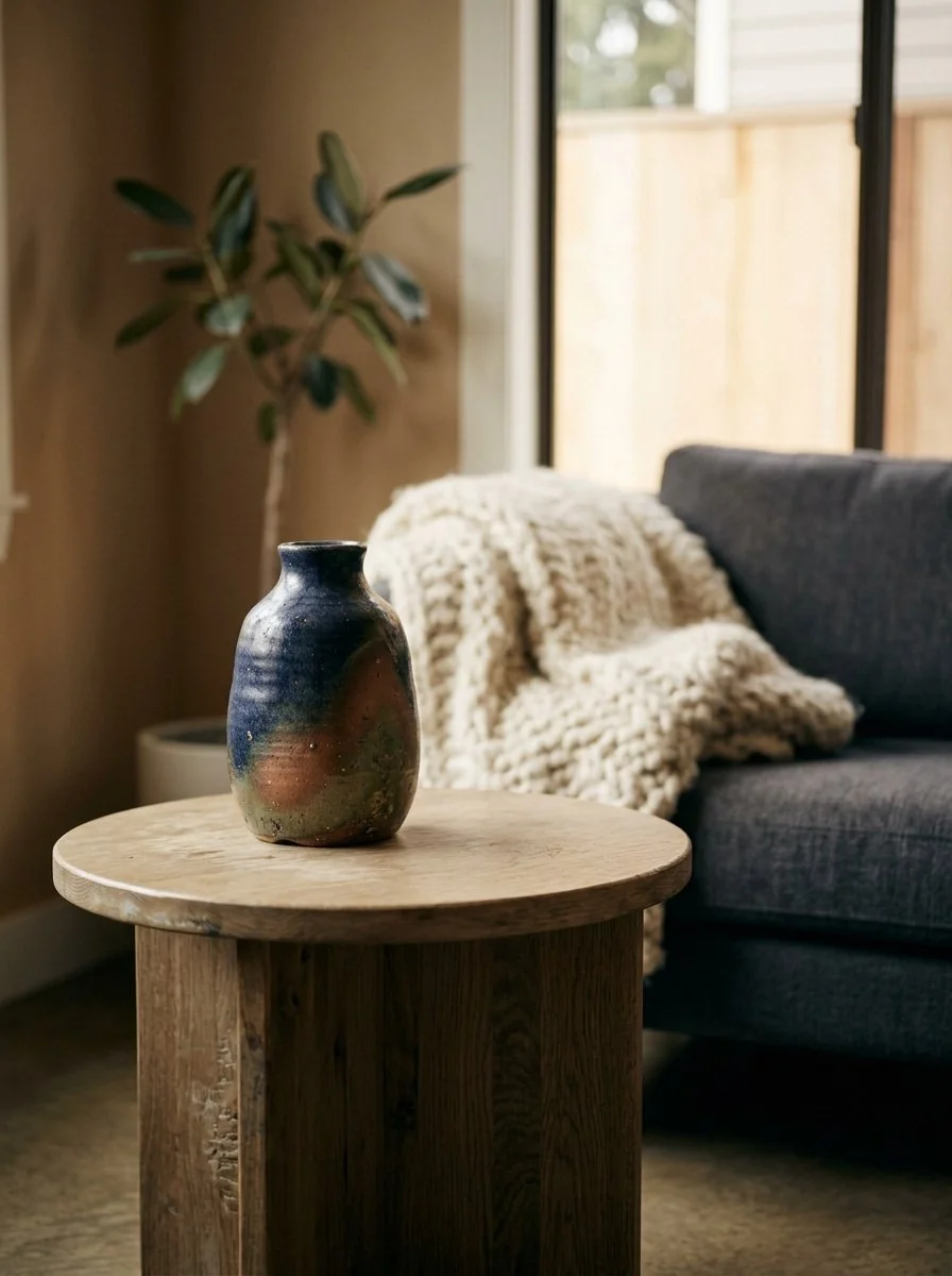 A small ceramic vase with blue, orange, and green glaze sits on a round wooden side table in a living room. In the background, there is a dark gray sofa with a chunky cream-colored knit blanket draped over it, a tall potted plant with broad leaves, and a large window with a wooden fence outside.