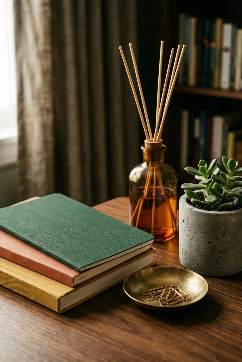 A desk with three books stacked, a small dish with paper clips, a potted succulent, a glass bottle with reed diffuser sticks, and a background of a bookshelf and window.