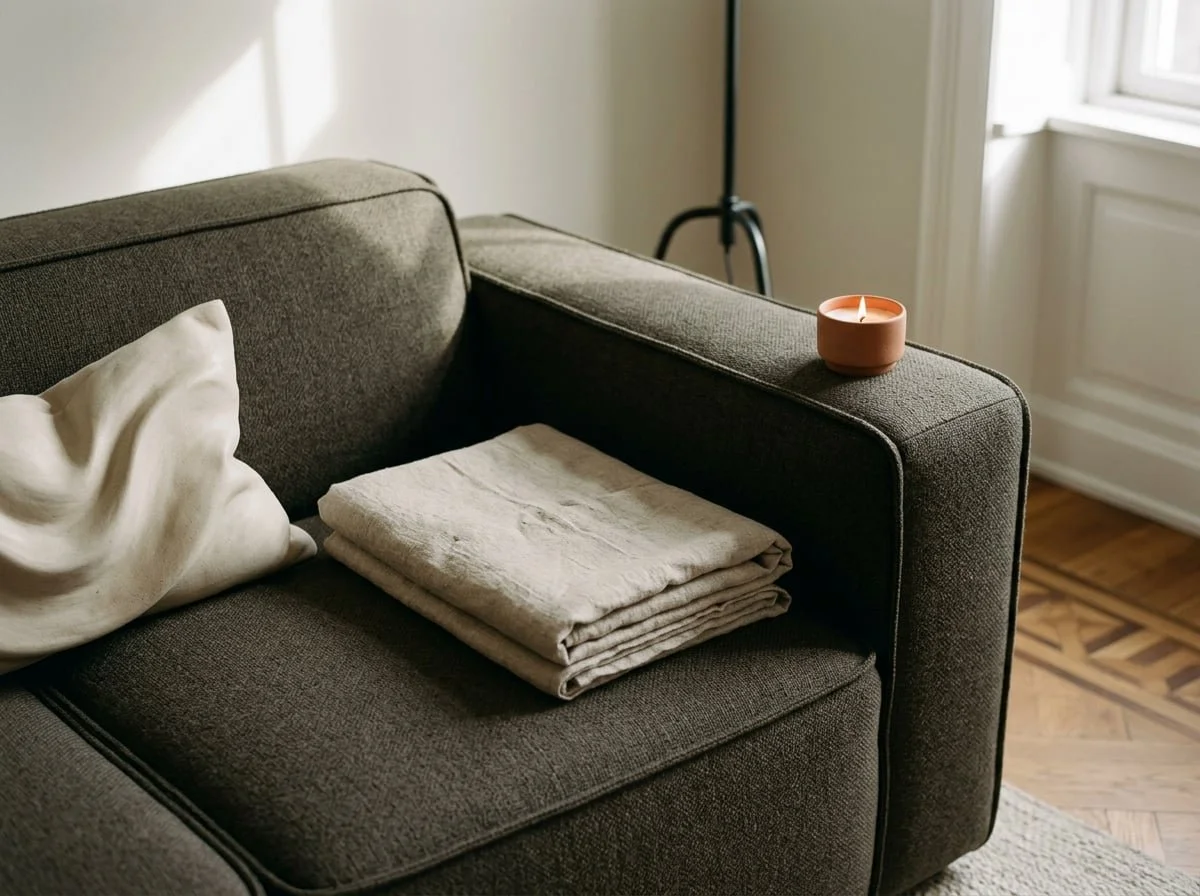 A dark gray sofa with a folded beige blanket and a beige pillow on the seat, and a small peach-colored candle on the armrest, in a room with wooden flooring and a window.