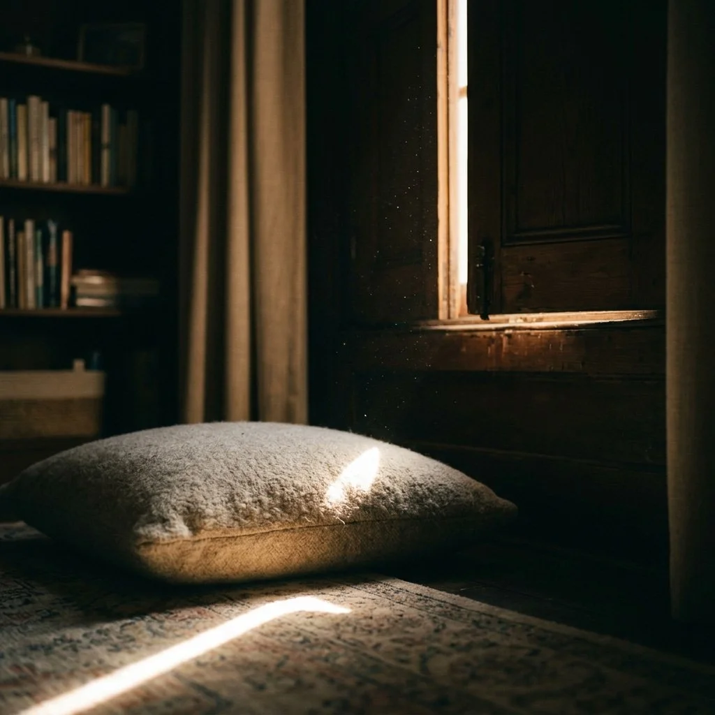 A pillow on the floor in a dimly lit room with sunlight streaming through a window.