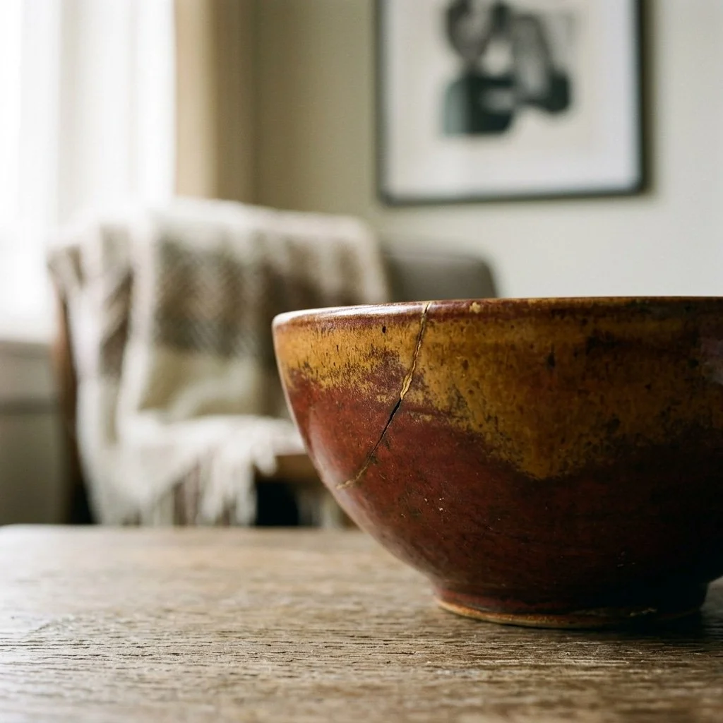 A close-up of a cracked, ceramic bowl on a wooden table in a cozy, well-lit room with a blurred background, including a chair with a throw blanket and a framed picture on the wall.