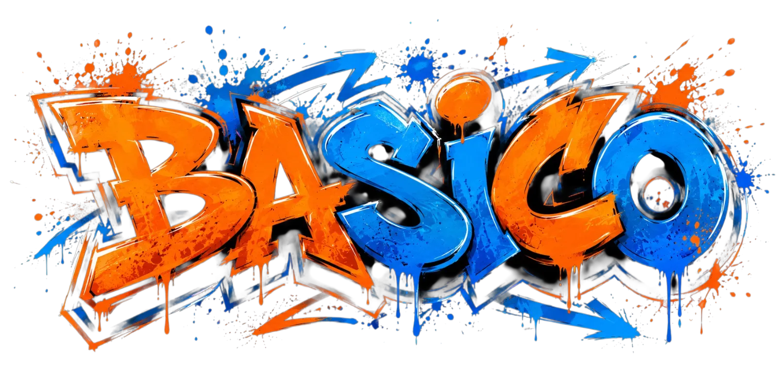 Arte callejero con la palabra 'Básico' en letras grandes, en colores naranja y azul, con salpicaduras y flechas decorativas.