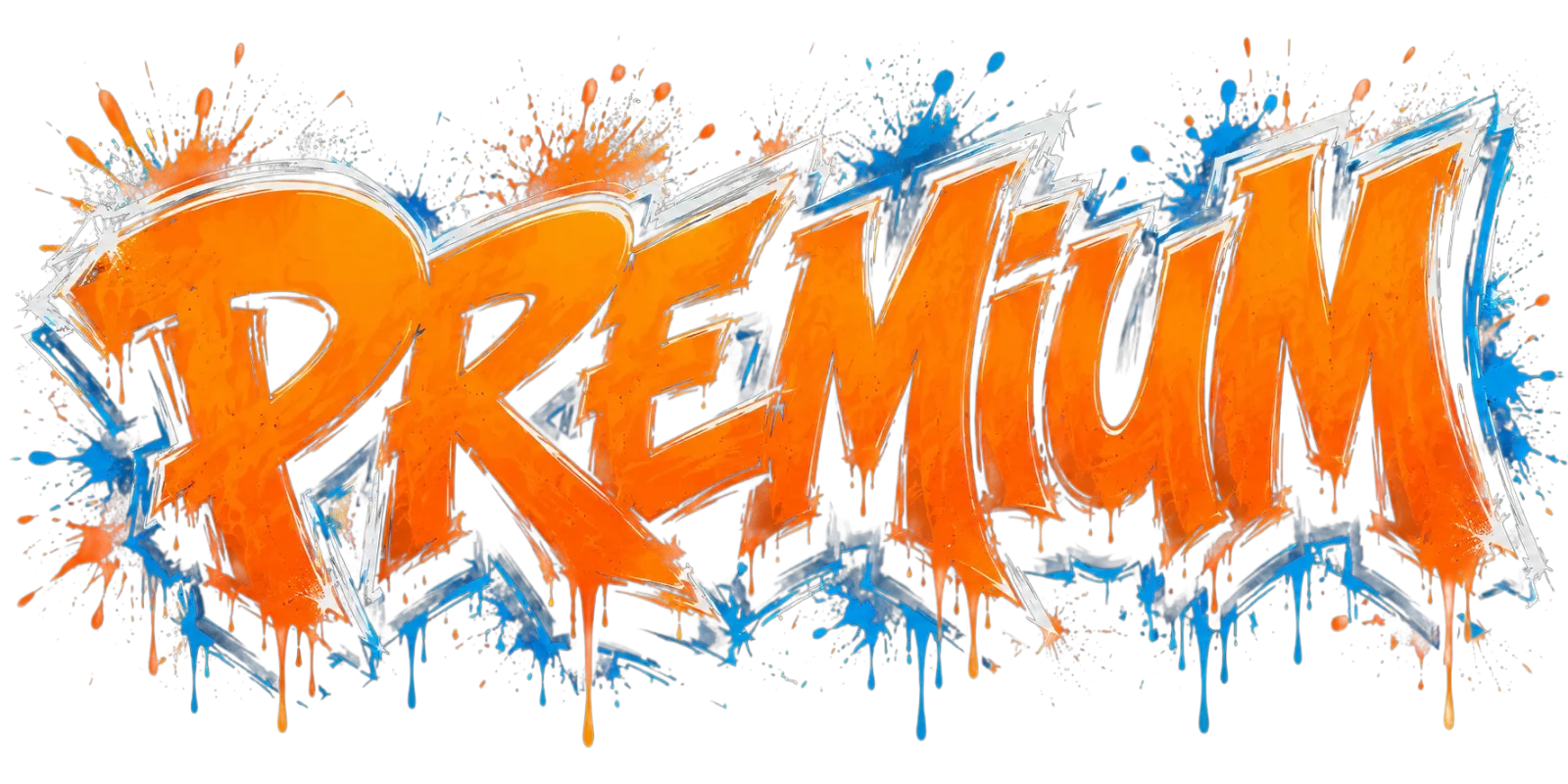 Graffiti con la palabra 'Premio' en letras grandes de color naranja con borde negro, rodeada de salpicaduras y efectos de spray en tonos azules, blancos, morados y naranjas.