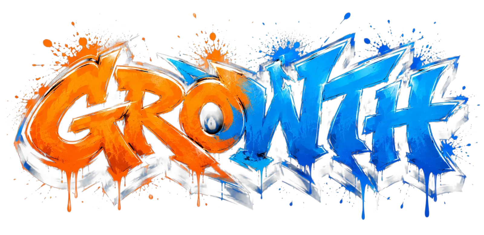 Logo de graffiti que dice 'GROWTH' en letras grandes y coloridas con efecto de spray y salpicaduras en fondo negro.