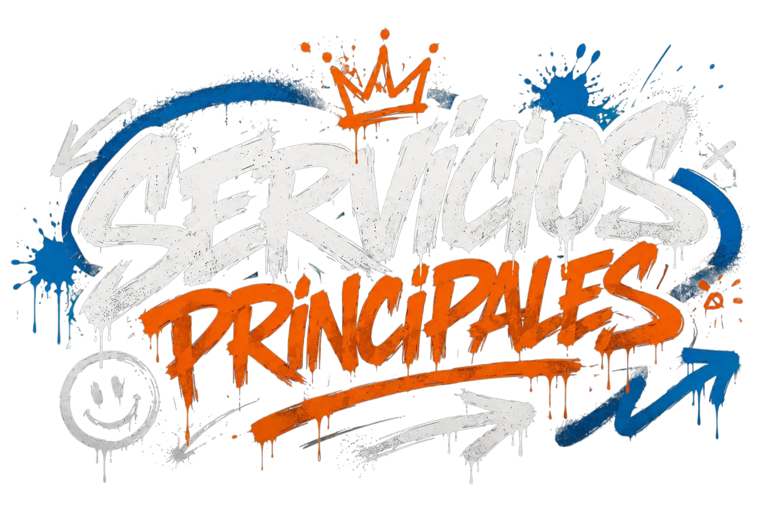 Texto en graffiti que dice 'Servicios Principales' con corona, flechas, y manchas de pintura en colores negro, blanco, naranja y azul.