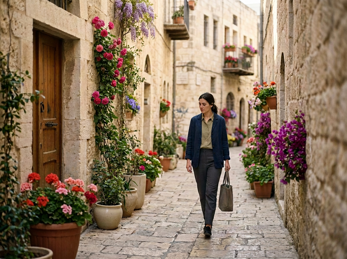 A woman walkin down a cobblestone street lined with flower pots and climbing plants on stone buildings.