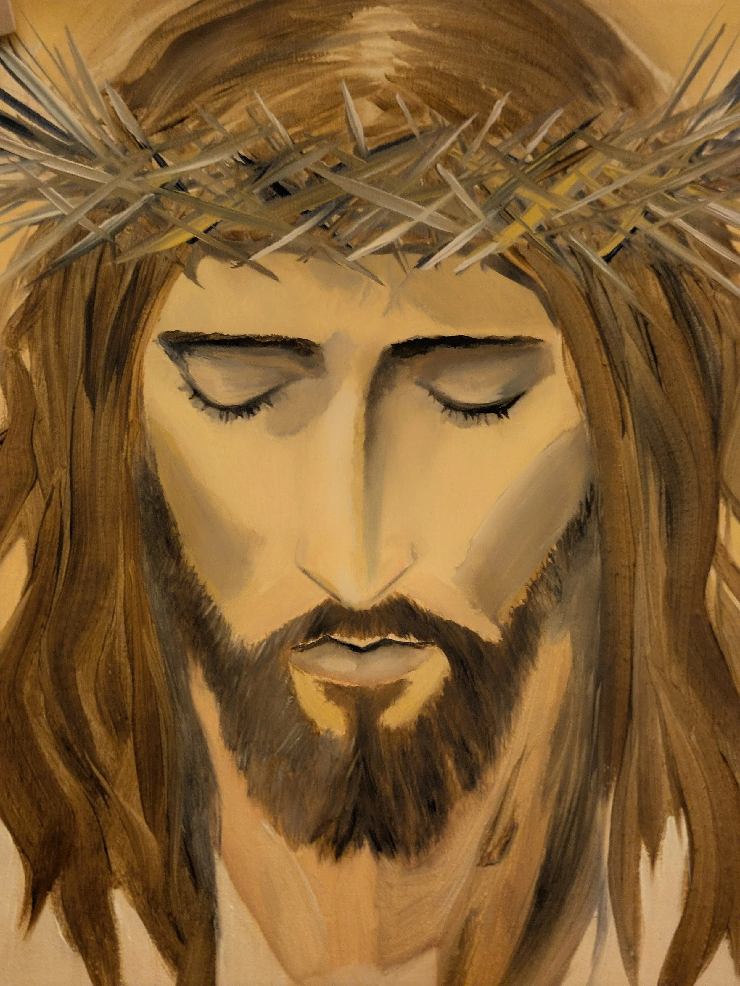 A painting of Jesus Christ wearing a crown of thorns, depicted with closed eyes, long hair, and a beard, in a somber and reflective mood.