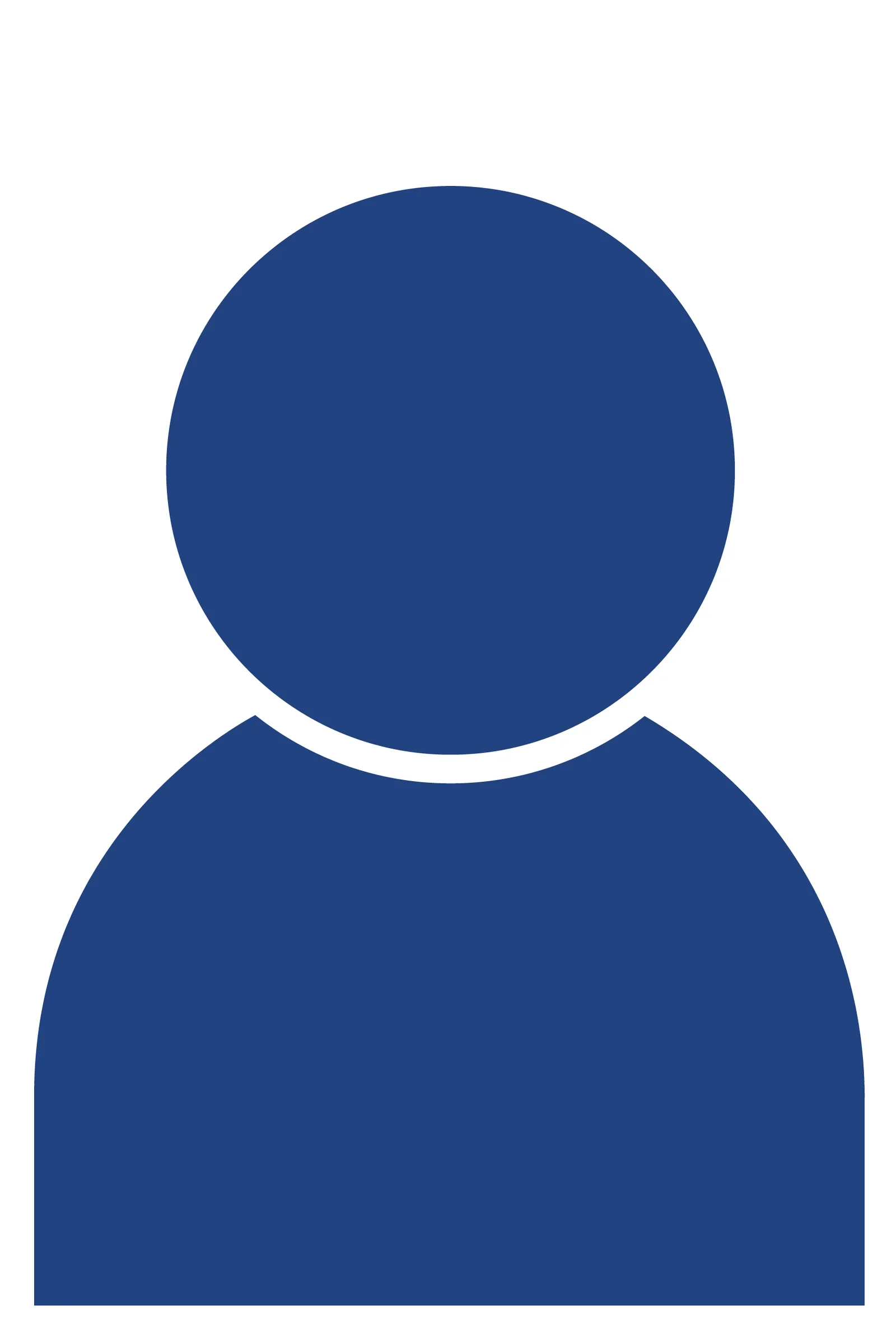 Minimalist digital illustration of a person with a round blue head, no facial features, and a dark blue shirt.