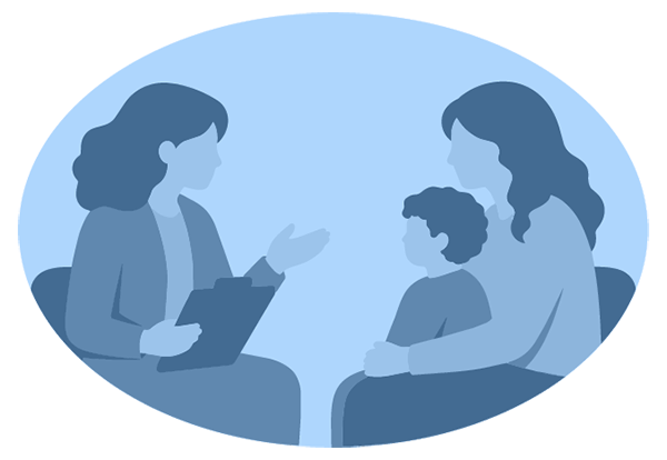 Illustration of a social worker holding a clipboard, talking with a mother and her child seated across from her in a consultation or interview setting.