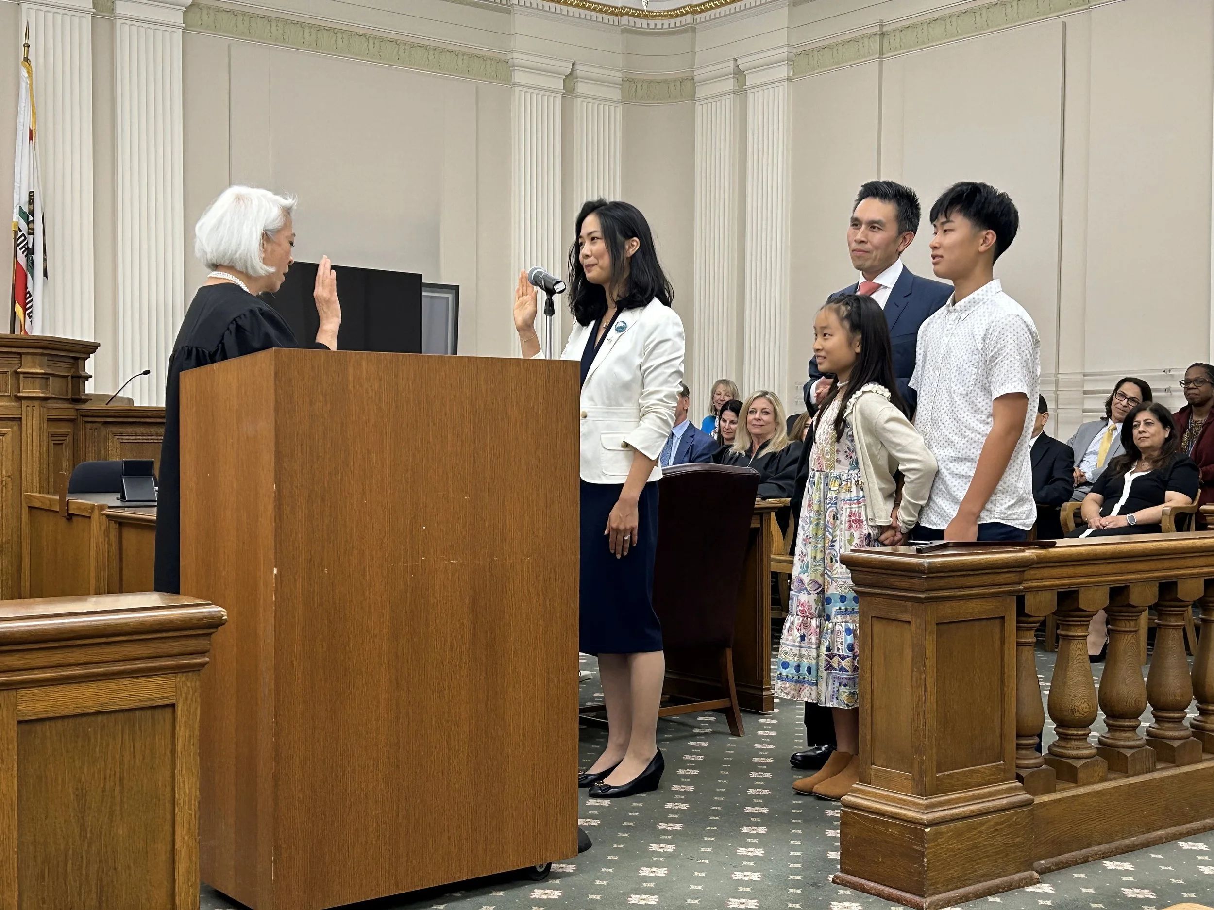 Cynthia Chen being sworn in as a judge at Santa Clara County Superior Court