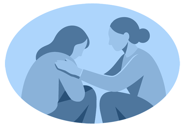 Illustration of one person comforting another, placing a hand on their shoulder in a gesture of support and reassurance, representing peer or mentor support between parents.