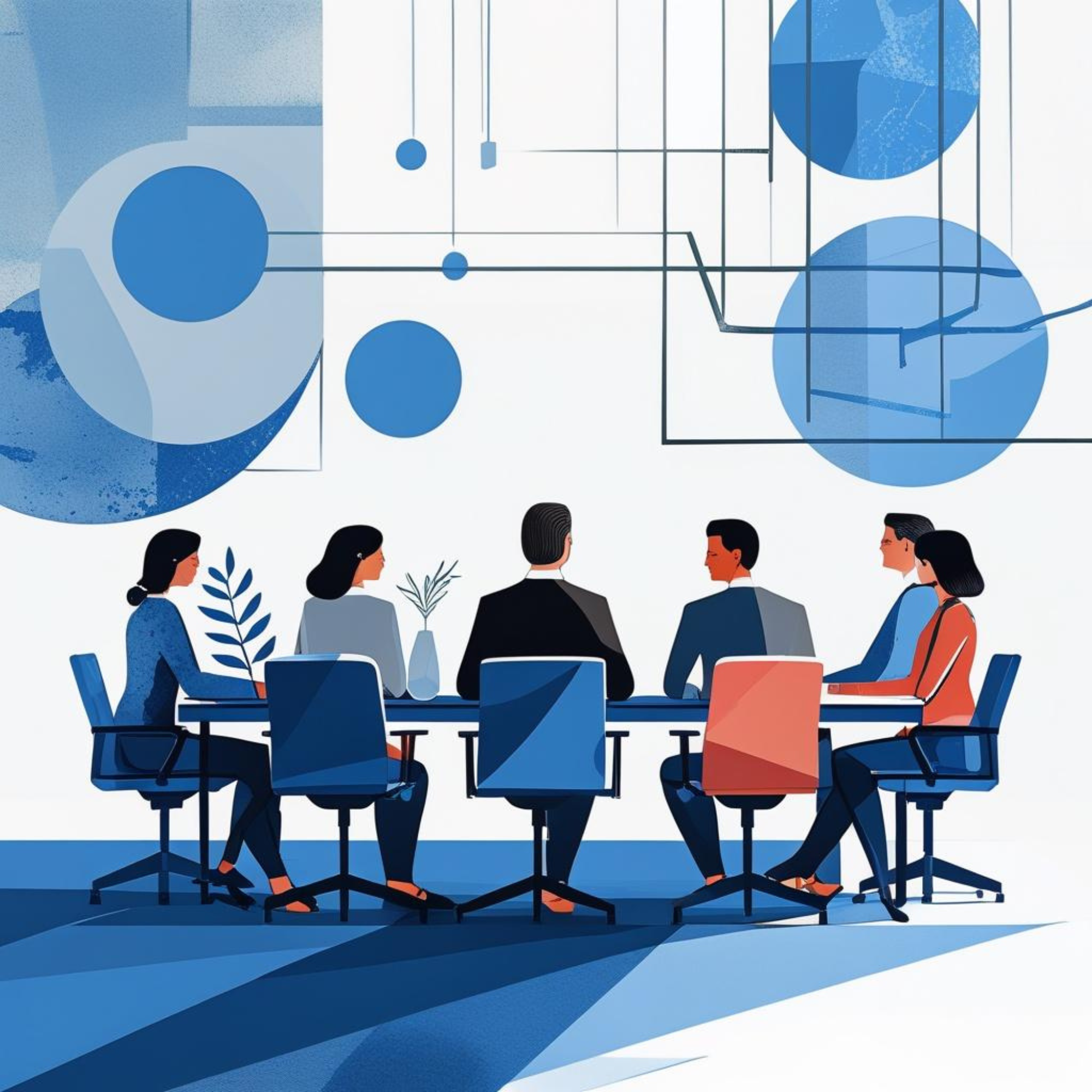 Illustration of a diverse group of people sitting around a table in a meeting room with abstract blue geometric backgrounds and hanging lights.