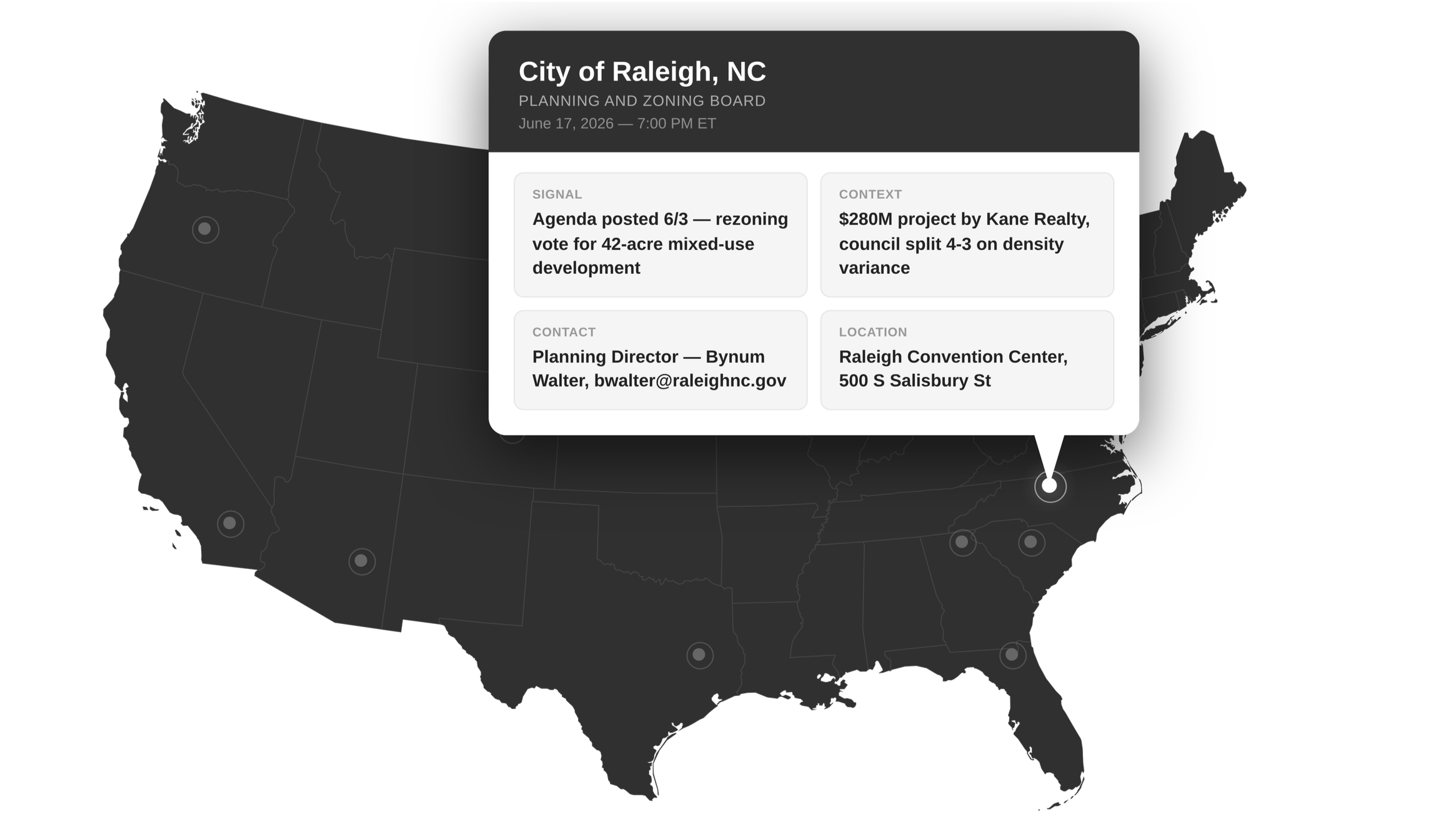 Map of the United States with a pop-up window showing information about a city planning meeting in Raleigh, North Carolina, scheduled for June 17, 2026, at 7:00 PM ET, including agenda, contact, and location details.