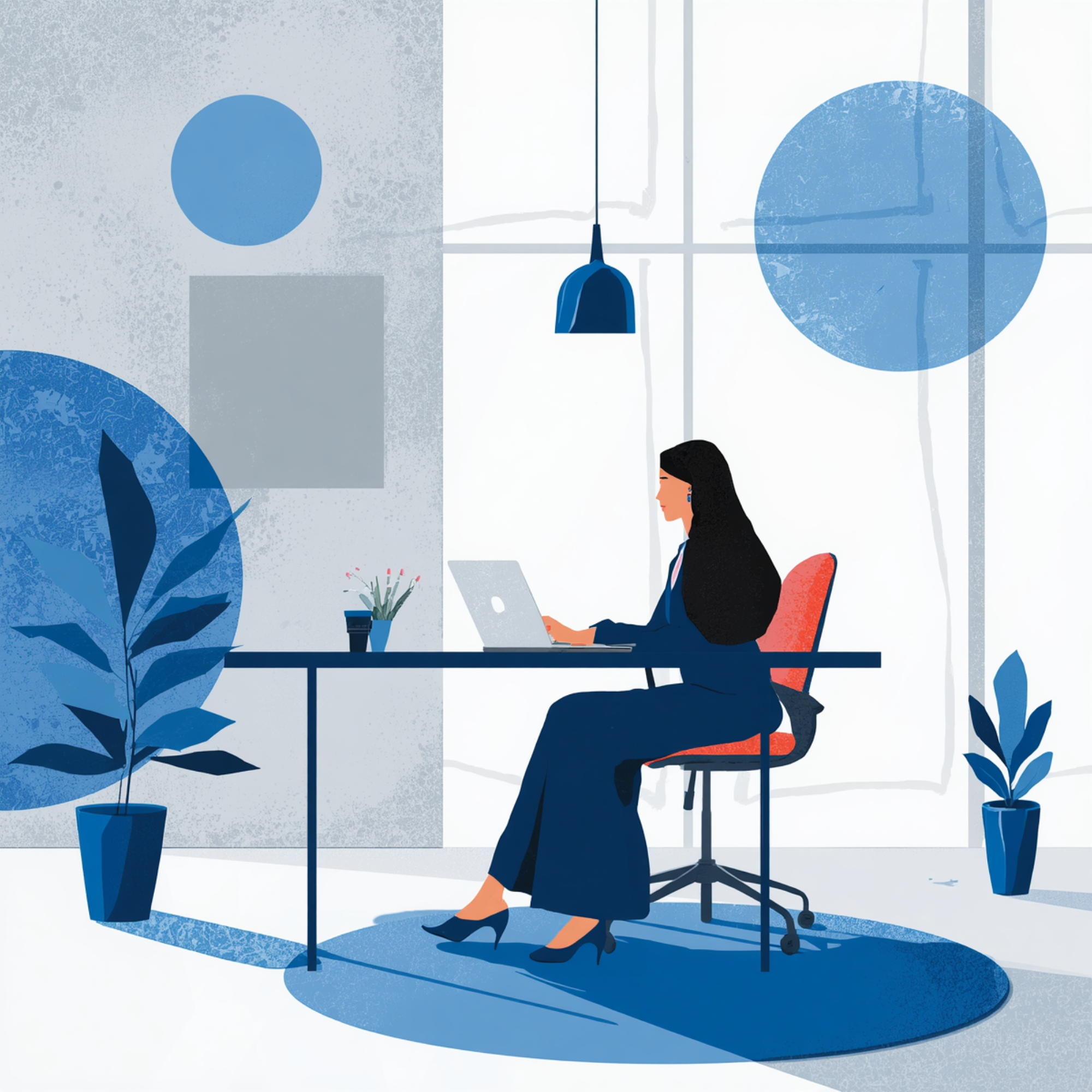 An illustrated woman with black hair, wearing a dark blazer and high heels, working at a desk with a laptop, in a modern office with large windows, blue circles, plants, and a hanging light.