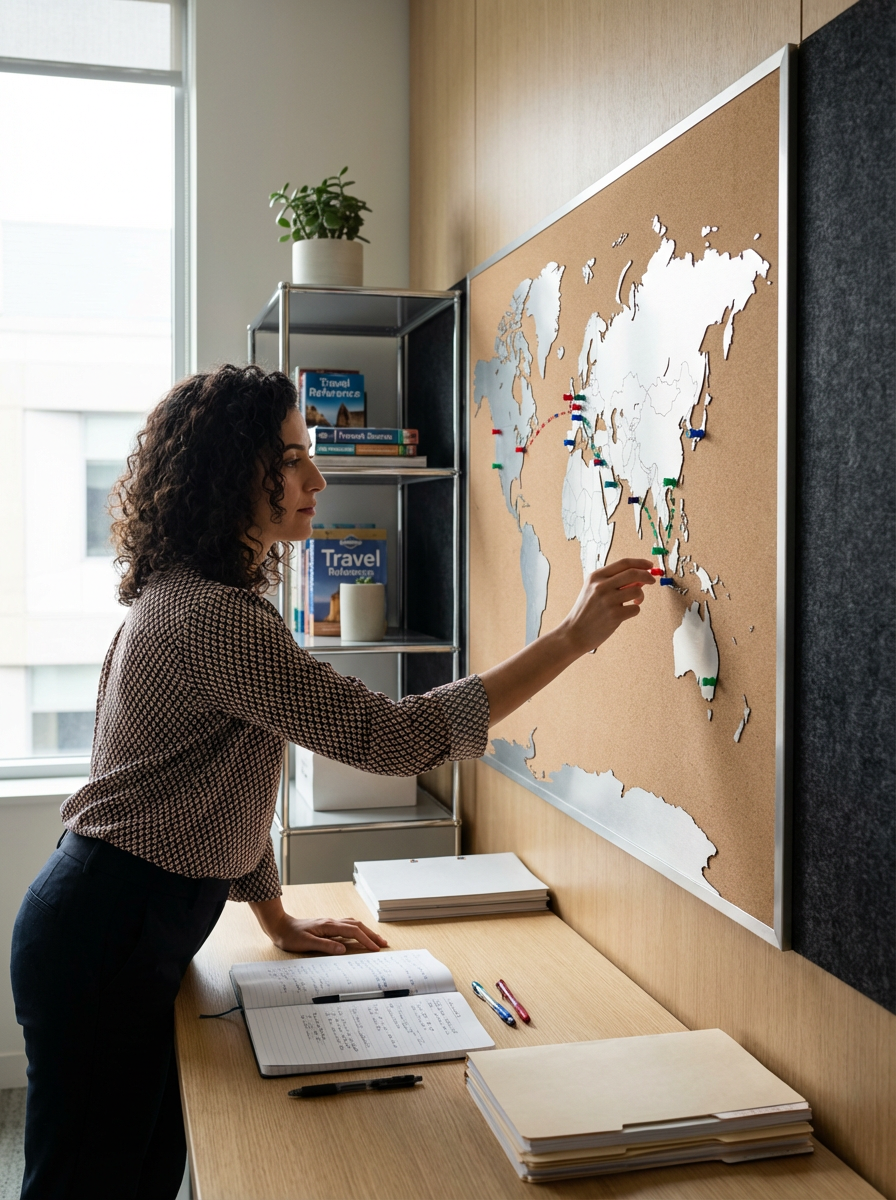 A woman with curly hair pins markers on a world map board in an office. She is standing at a wooden desk with notebooks, pens, and a stack of files. There is a shelf with travel books and a potted plant in the background, and a window letting in natural light.