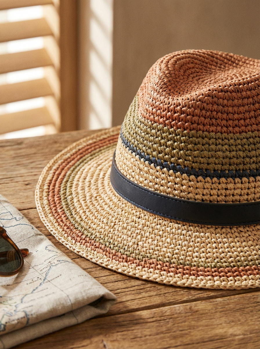 Colorful woven straw hat with a black band resting on a rustic wooden table, with sunglasses and a folded map nearby.
