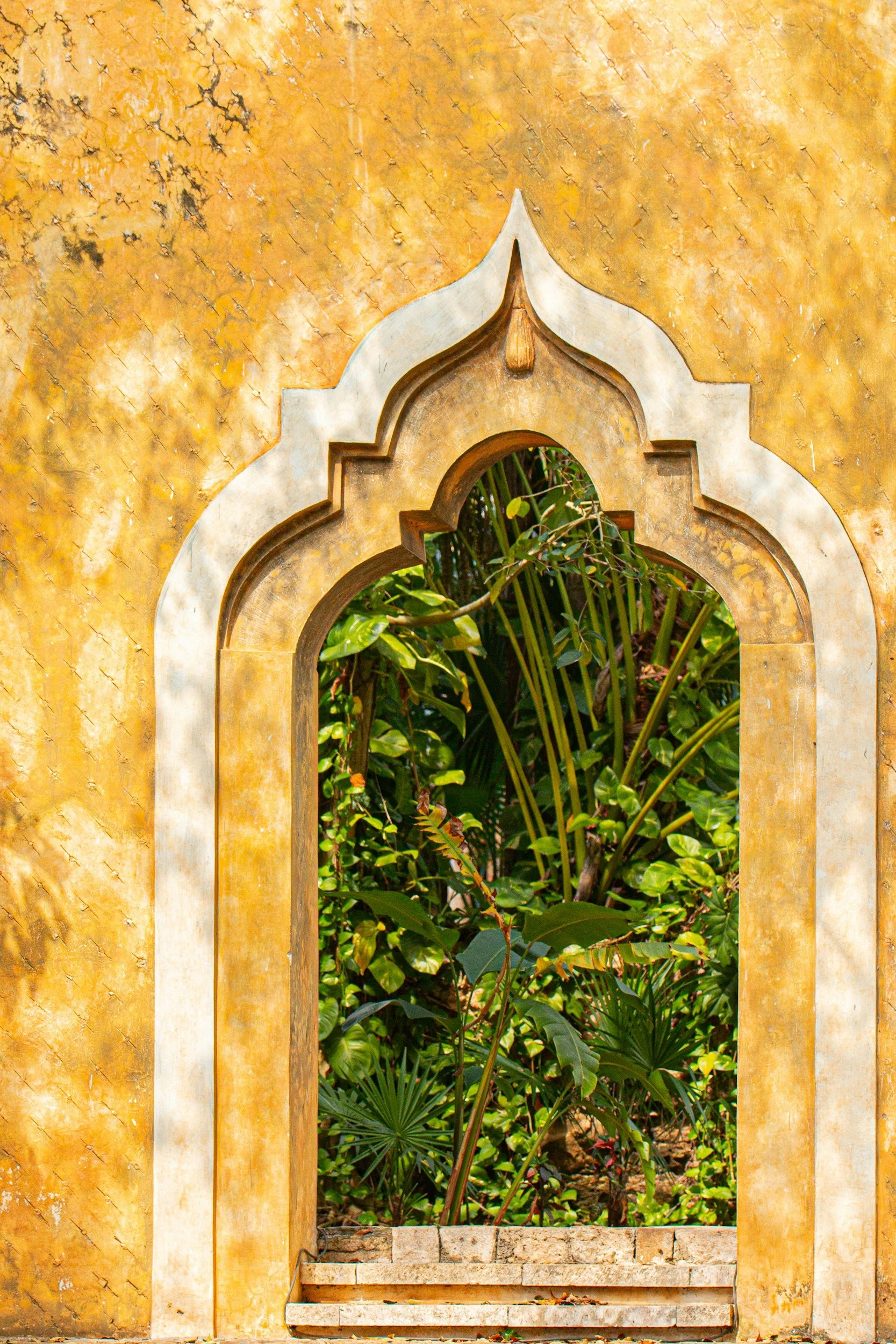 An ornate arch window in a yellow stucco wall, with greenery visible through the opening.