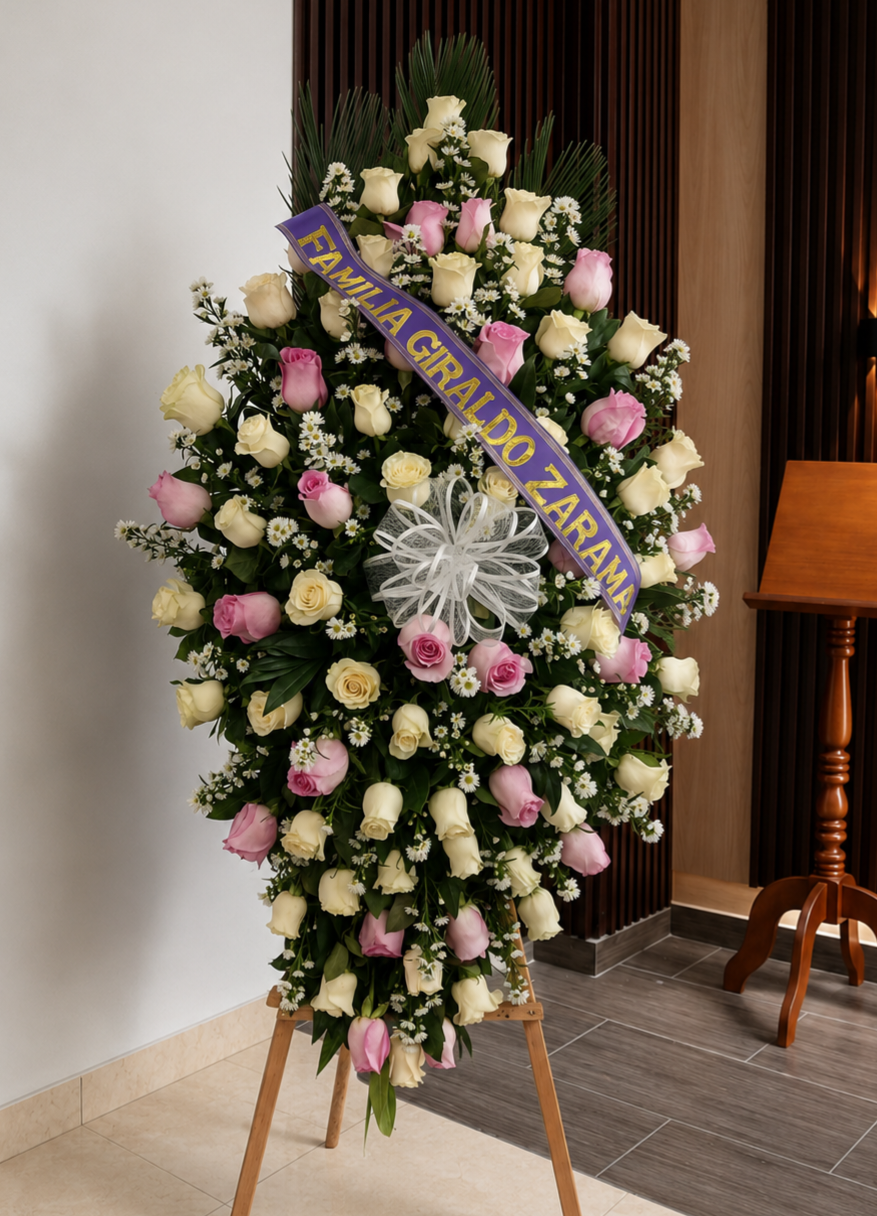 Consuelo Cálido: Flores en suaves tonos pastel para acompañar a la familia con cercanía y empatía.