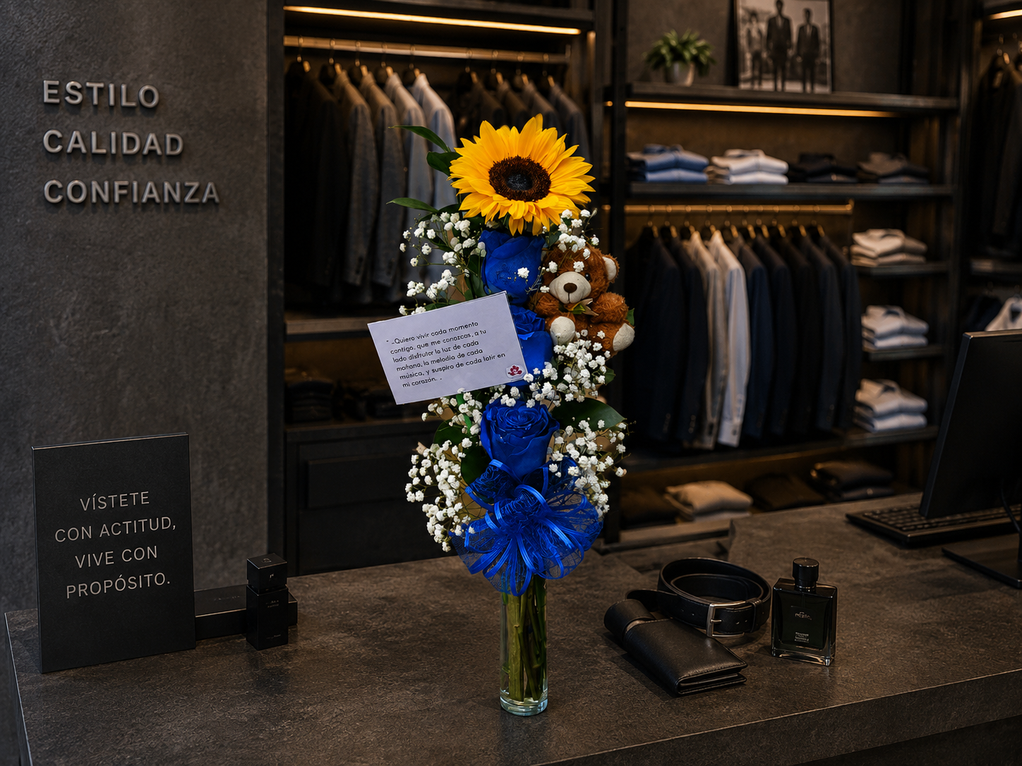 Arreglo "Distinción y Cariño": Rosas Azules y Girasol