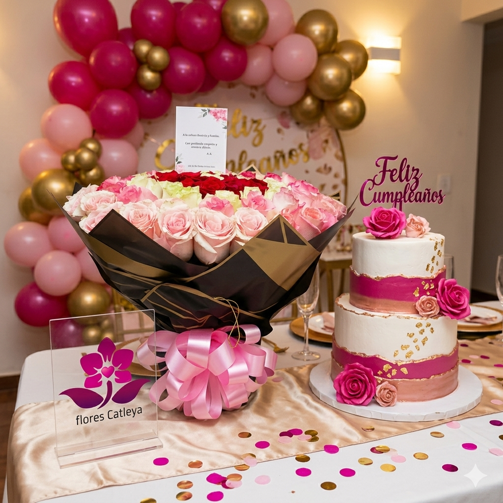 decoracion-cumpleaños-fucsia-dorado-ramo-buchon-torta-flores-catleya.png