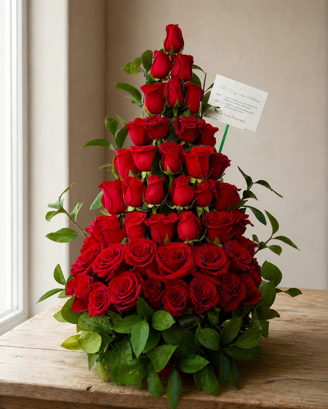 Arreglo floral con varias capas de rosas rojas, adornado con hojas verdes, en un soporte de madera.