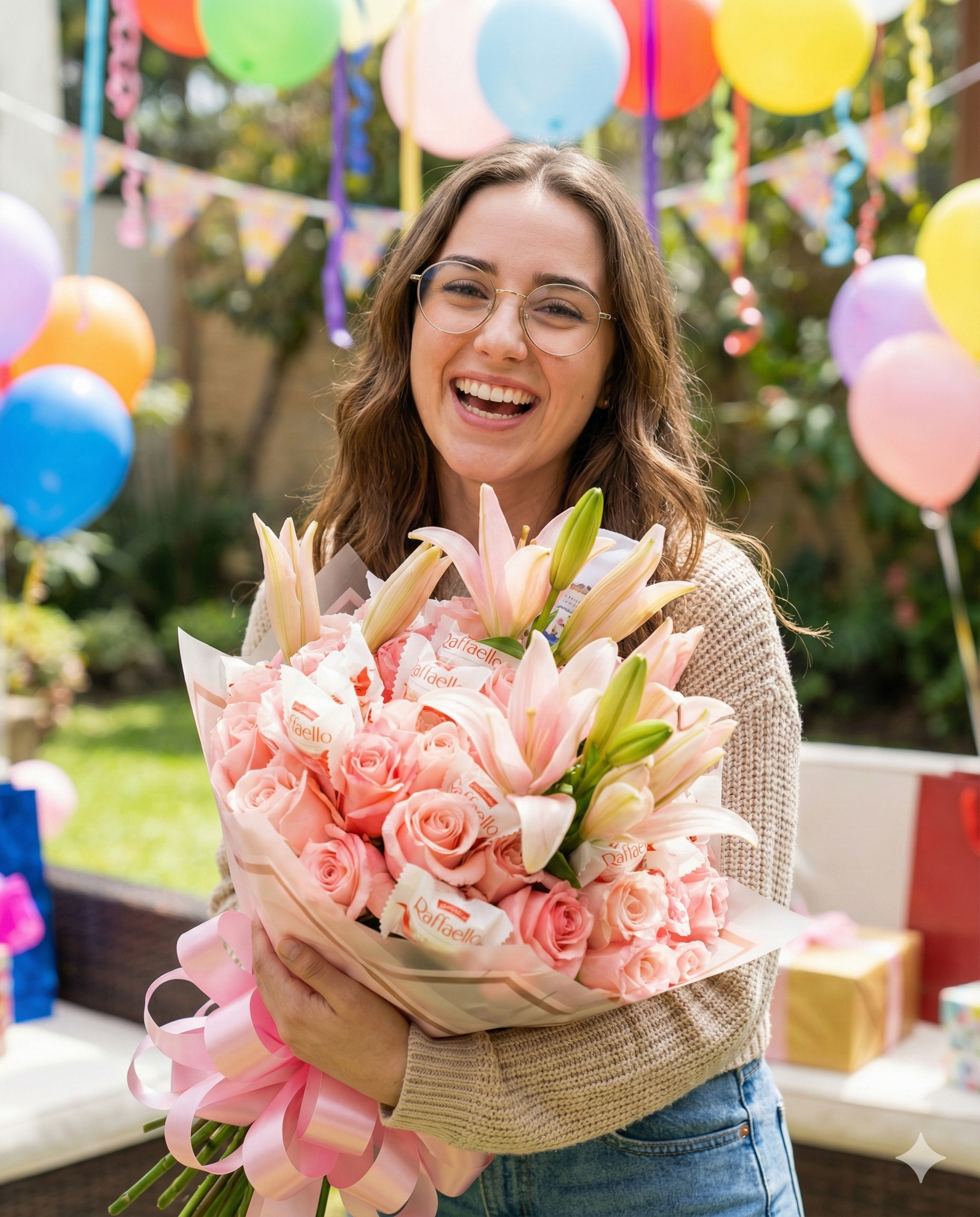 Mujer con gafas sosteniendo un ramo de flores rosadas y lilies en una fiesta con decoraciones de globos y banderines de colores en Ipiales Nariño.