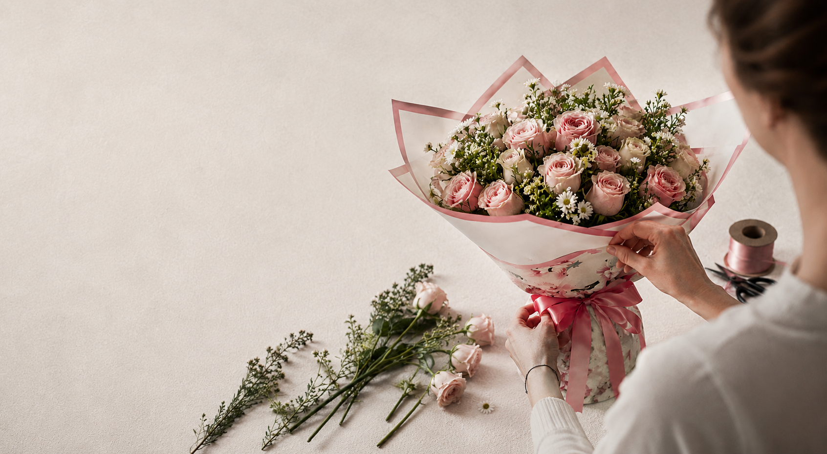 Persona preparando un ramo de flores con rosas rosas y blancas, con follaje y pequeñas flores blancas, en una mesa beige, usando cinta rosa y tijeras