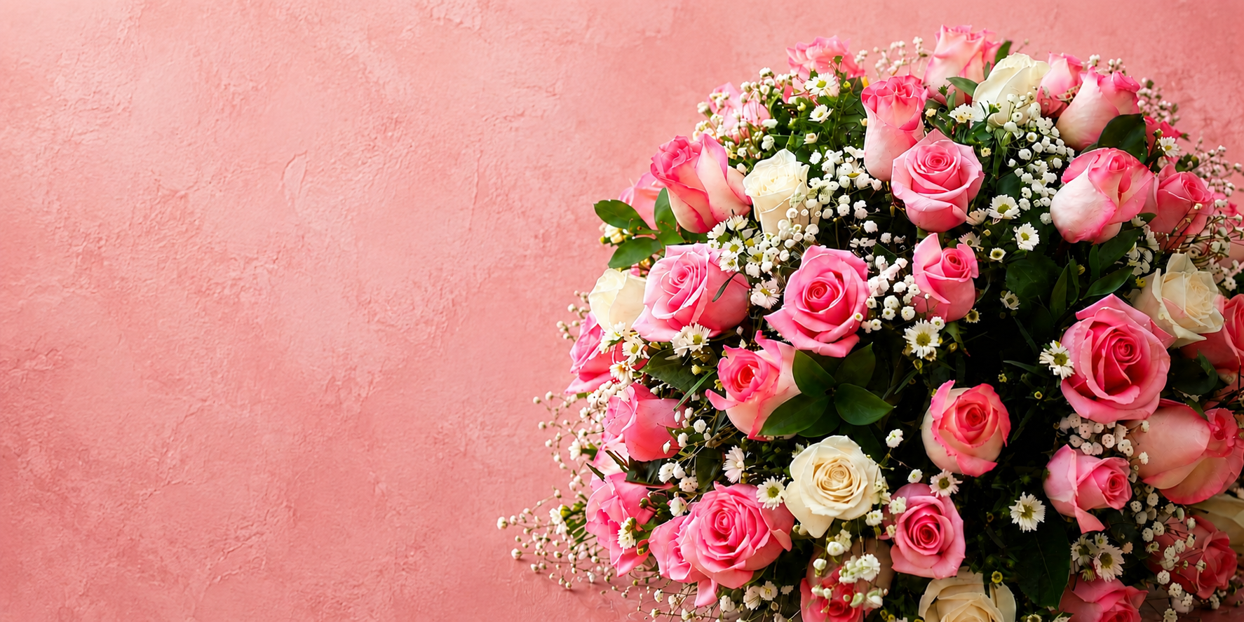 Ramo grande de rosas rosas y blancas con pequeñas flores blancas y hojas verdes contra fondo rosa.