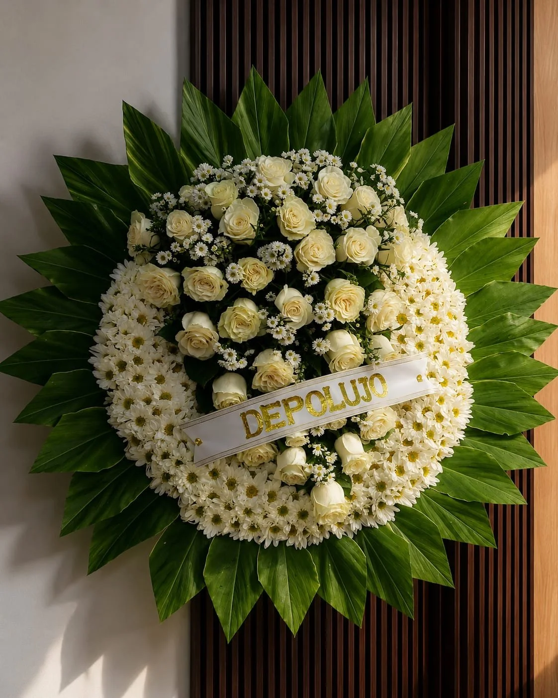 Corona Pureza Eterna: Clásico diseño de margaritas y rosas blancas que expresa un sincero y delicado tributo de paz.