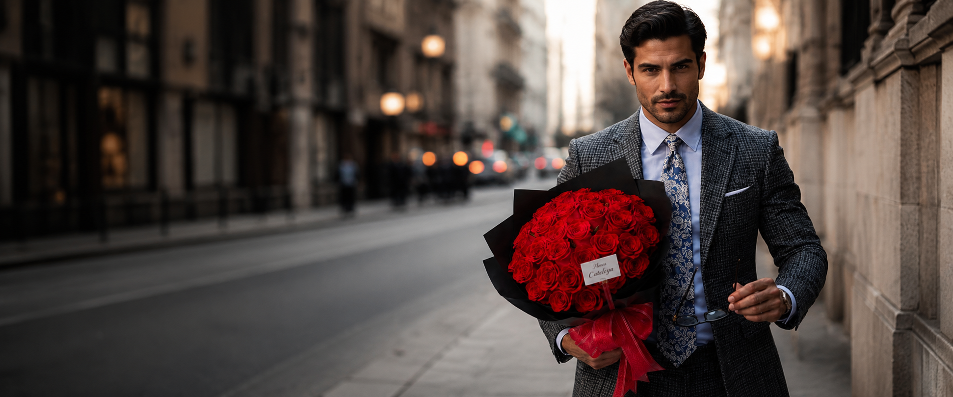 Persona preparando un ramo de flores con rosas rosas y blancas, con follaje y pequeñas flores blancas, en una mesa beige, usando cinta rosa y tijeras