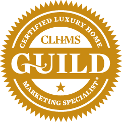 Gold and white badge with text indicating 'Certified Luxury Home,' 'GUILD,' 'Marketing Specialist,' and 'CLHMS'