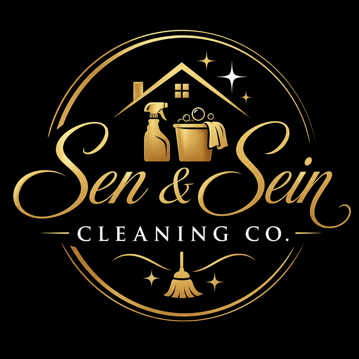 Gold and black logo for Sen & Sein Cleaning Co., featuring a house, spray bottle, cleaning bucket, broom, and stars.