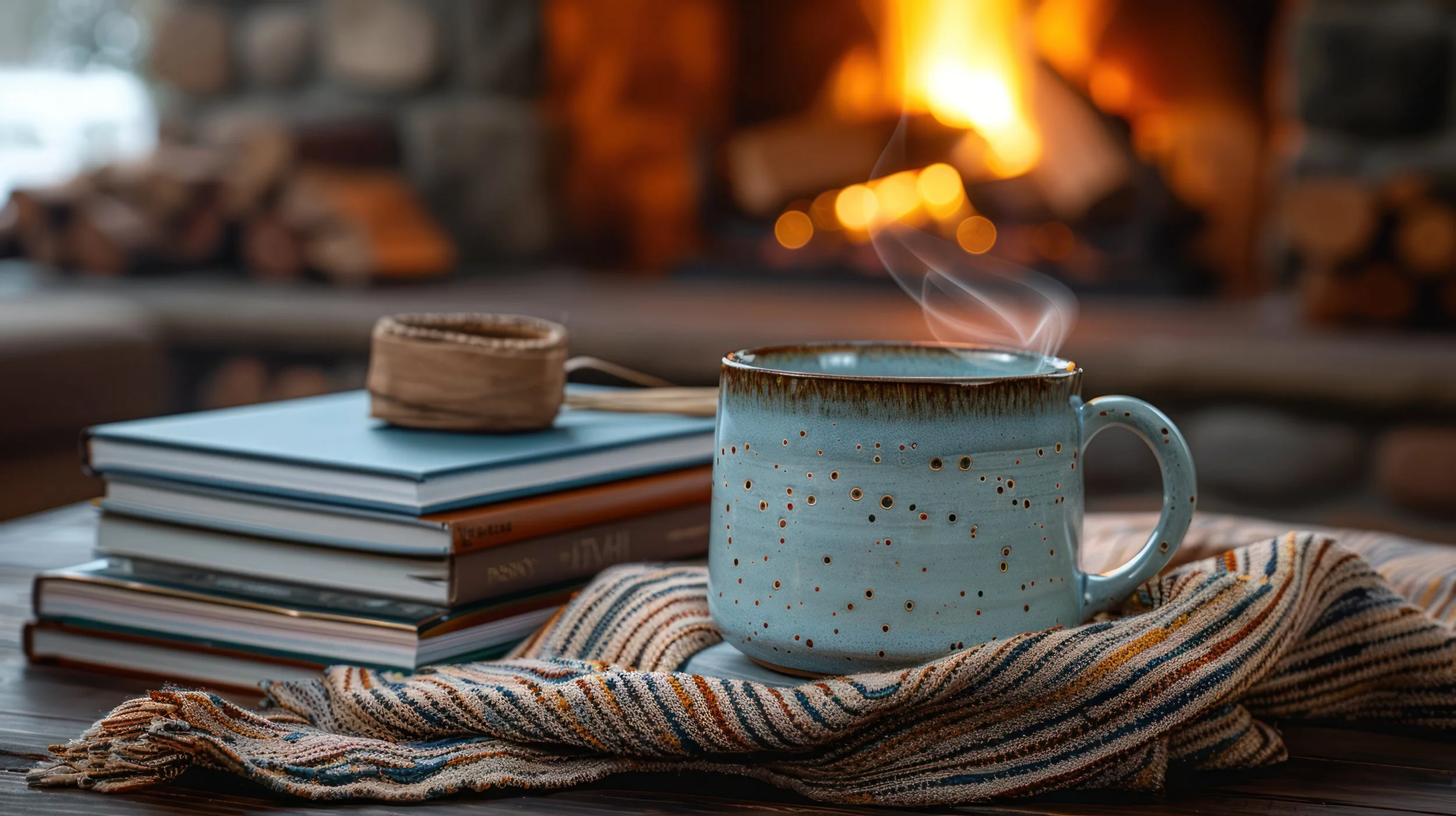 A cozy scene with a steaming mug on a striped cloth, a stack of books, and a wood-fired stove in the background.