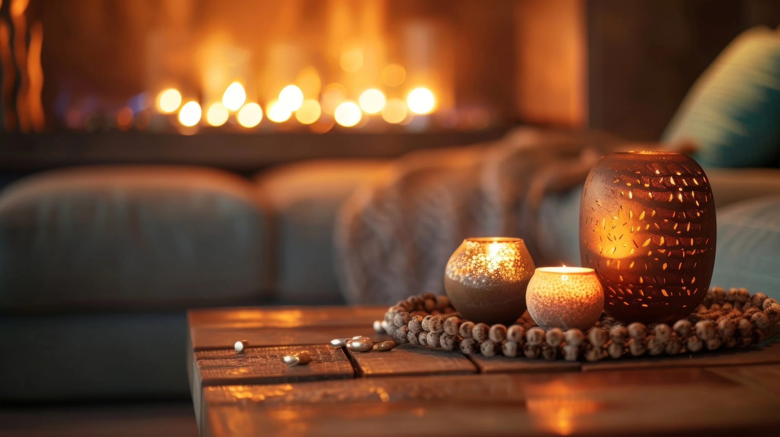 Several lit candles arranged on a wooden table, creating a warm glow and ambiance in front of a blurred fireplace.