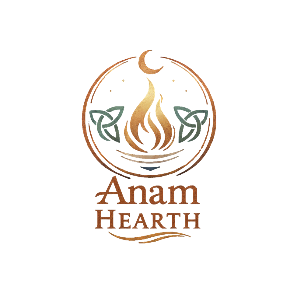 Logo with a candle flame inside a circular outline and the text 'Anam Hearth' underneath.