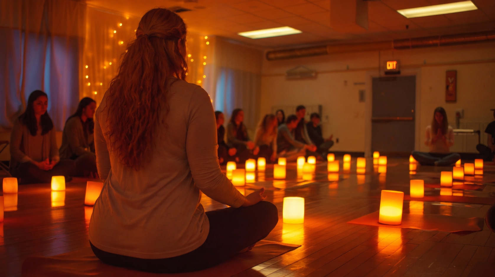 A group of people sitting in a circle in a dimly lit room illuminated by orange candle lights, with a woman in the foreground sitting cross-legged with her back to the camera, participating in a meditation or mindfulness session.